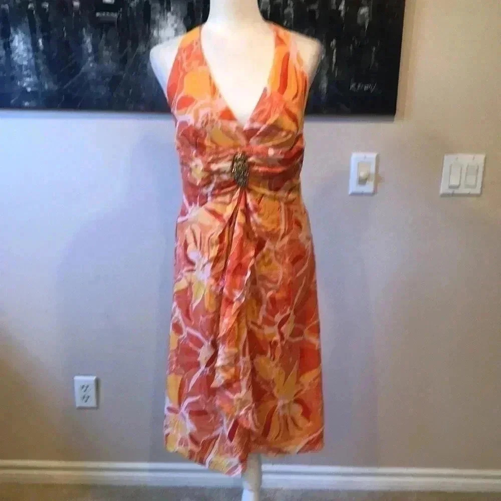 KAY UNGER Orange Silk Ruffled Front Halter Dress with Brooch Peephole Back-8